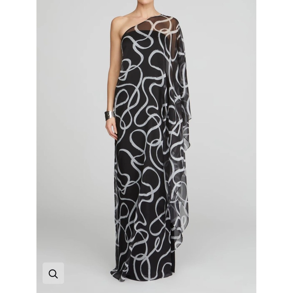 Halston Heritage Elodie One Shoulder Chiffon Caftan Gown Black Size 4 NWT